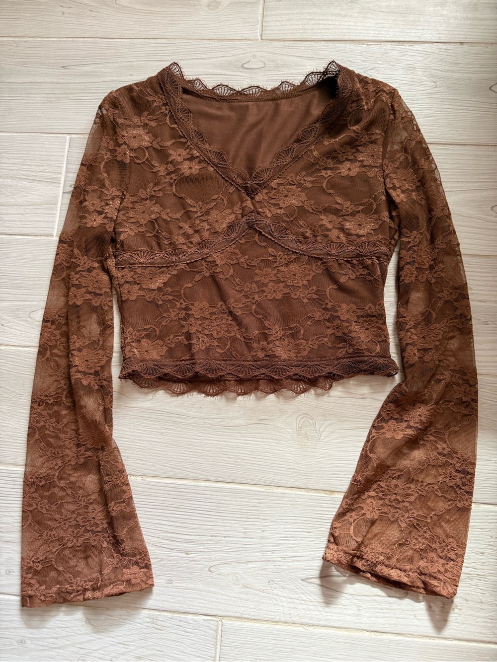 Brown Long Sleeve Lace Crop Top